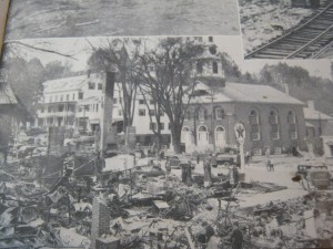 The B. & M. Railroad and main highway at Joseph Noone's Sons Co. in Peterborough were badly damaged. 